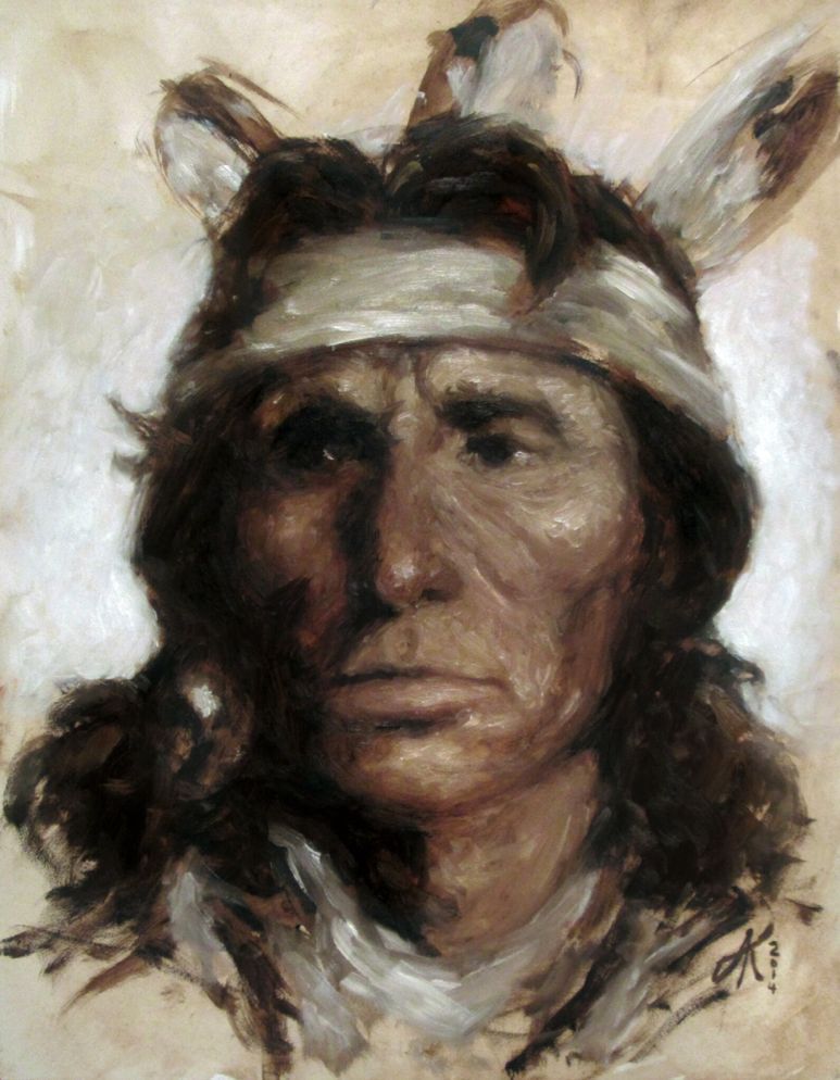 A painting of an indian wearing feathers and a head dress.