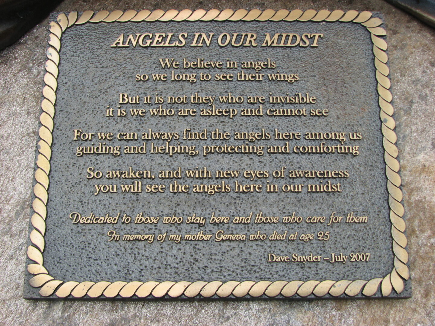 A plaque with the words angels in our midst