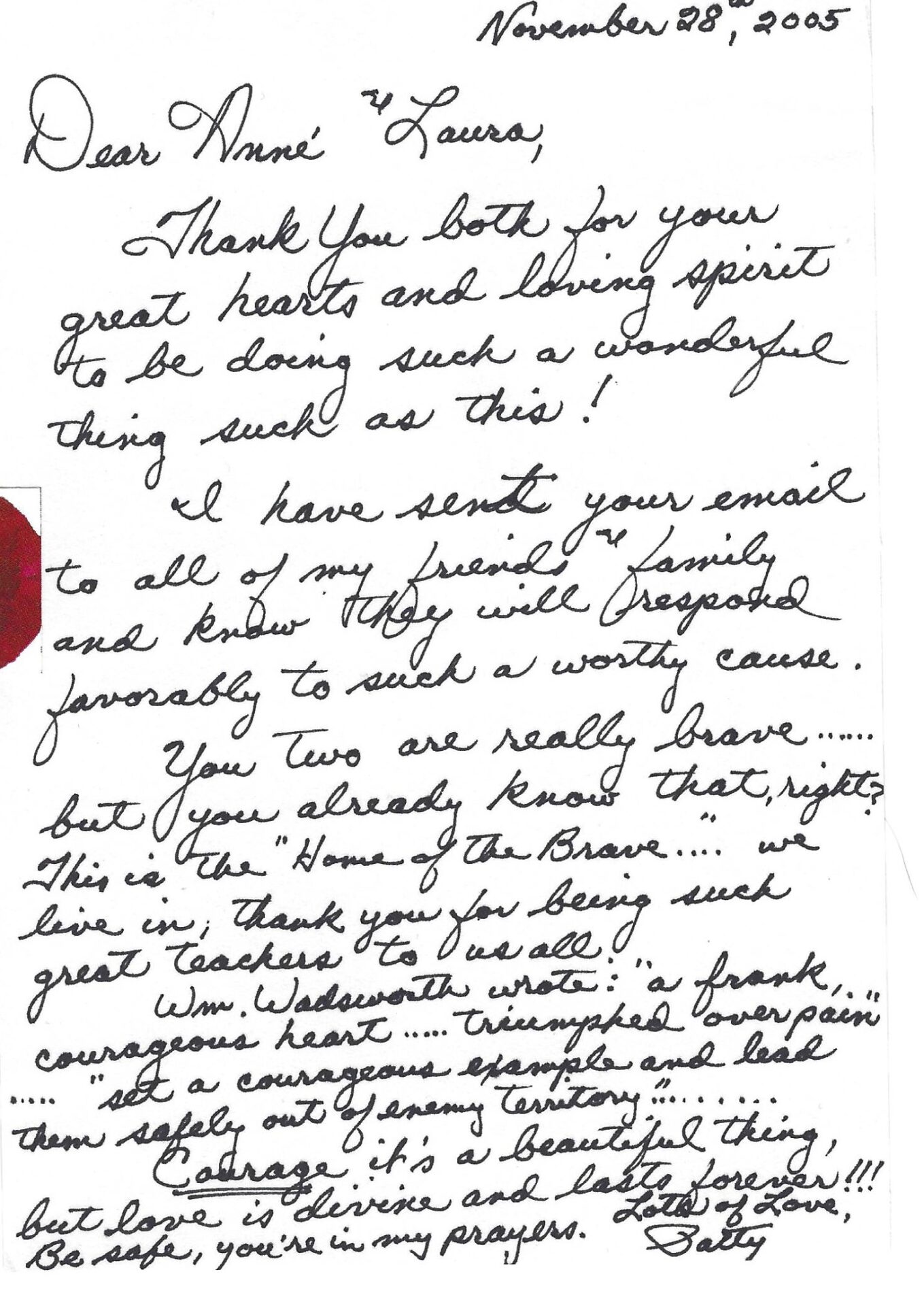A handwritten letter from a family to the author.