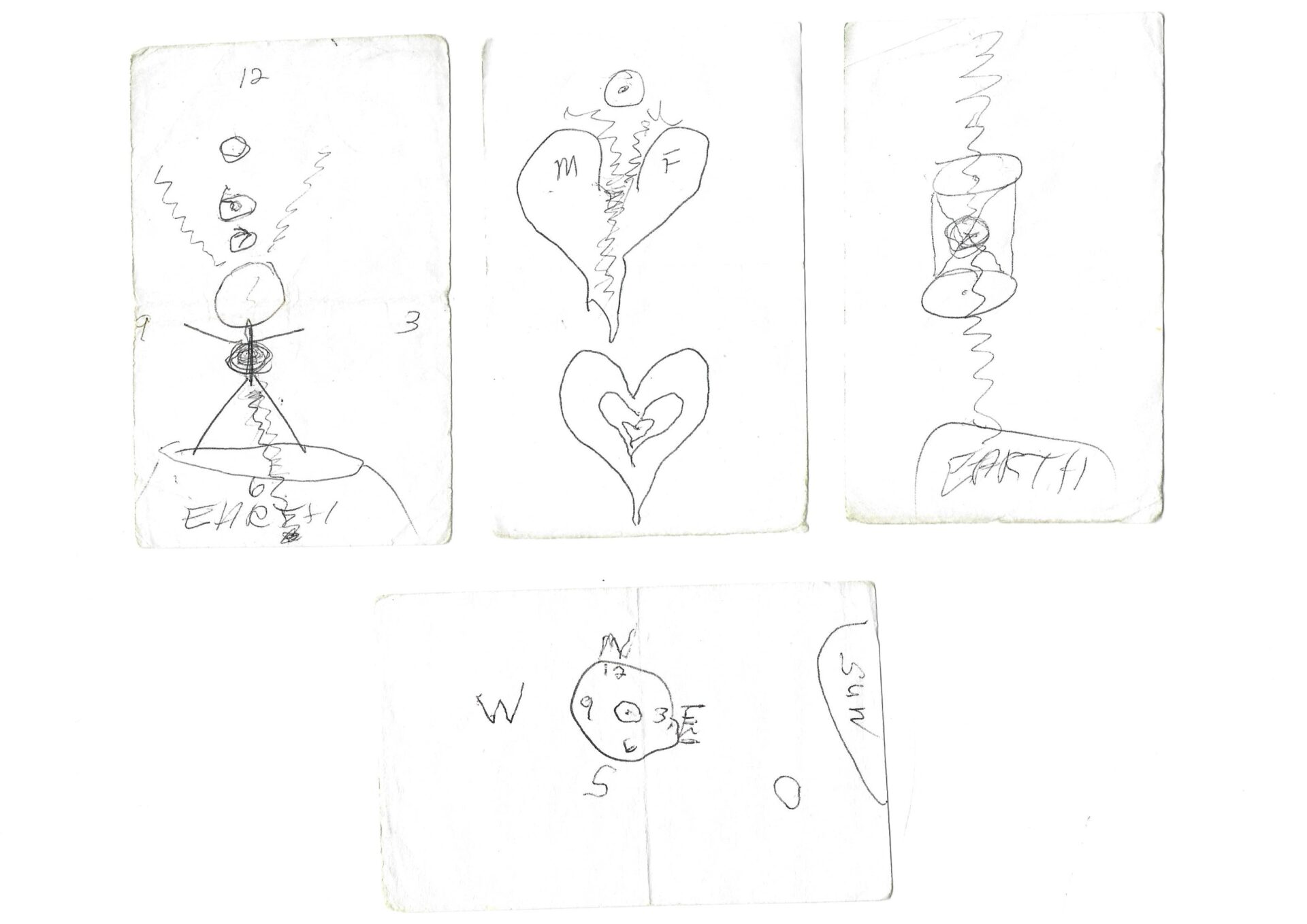 A series of drawings with the letters p, q and w.