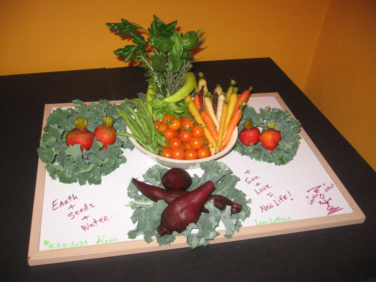 A table with vegetables and fruits on it