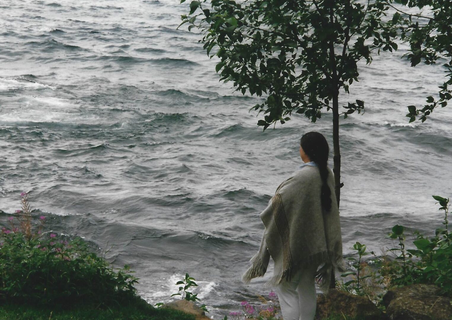 A woman standing next to the ocean in front of trees.