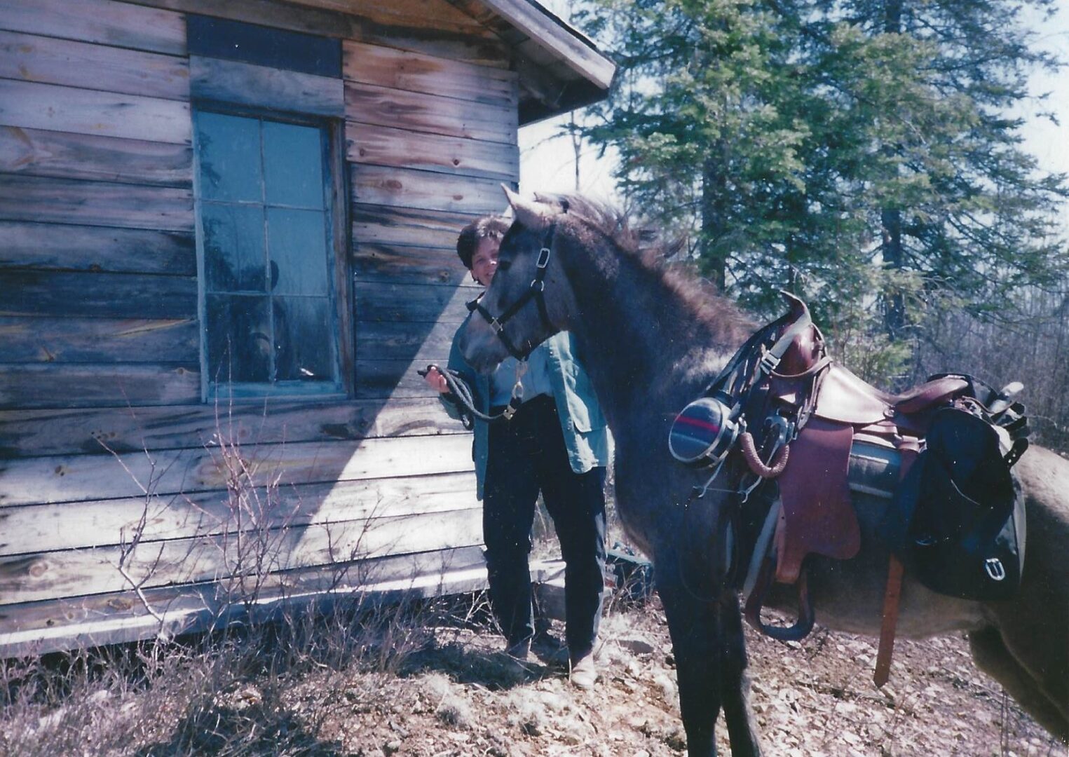 A man standing next to a horse in front of a log cabin.