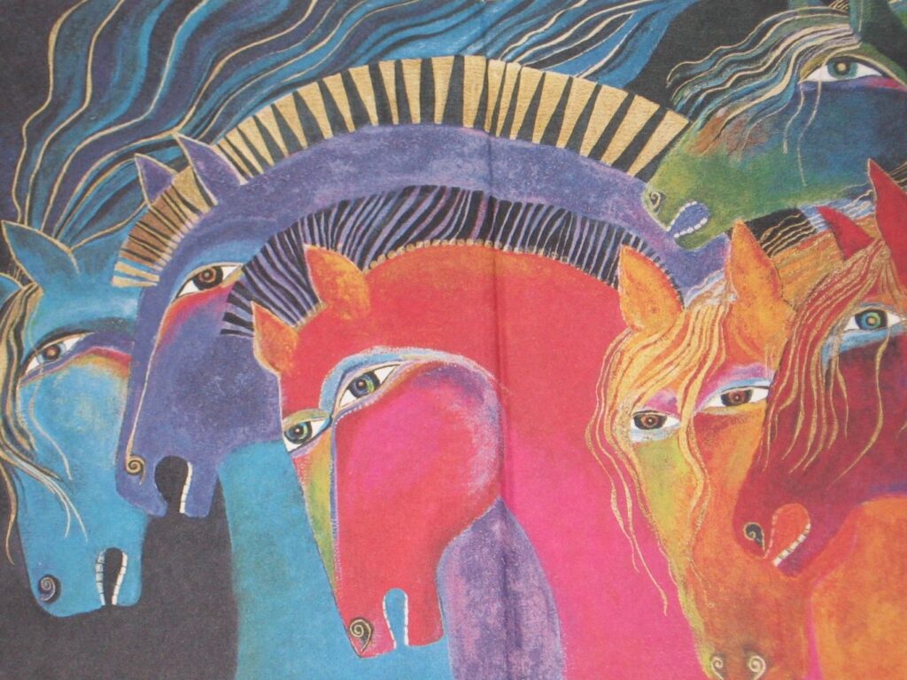 A painting of horses with different colors and shapes