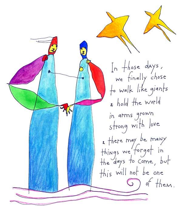 A drawing of two people holding hands and stars