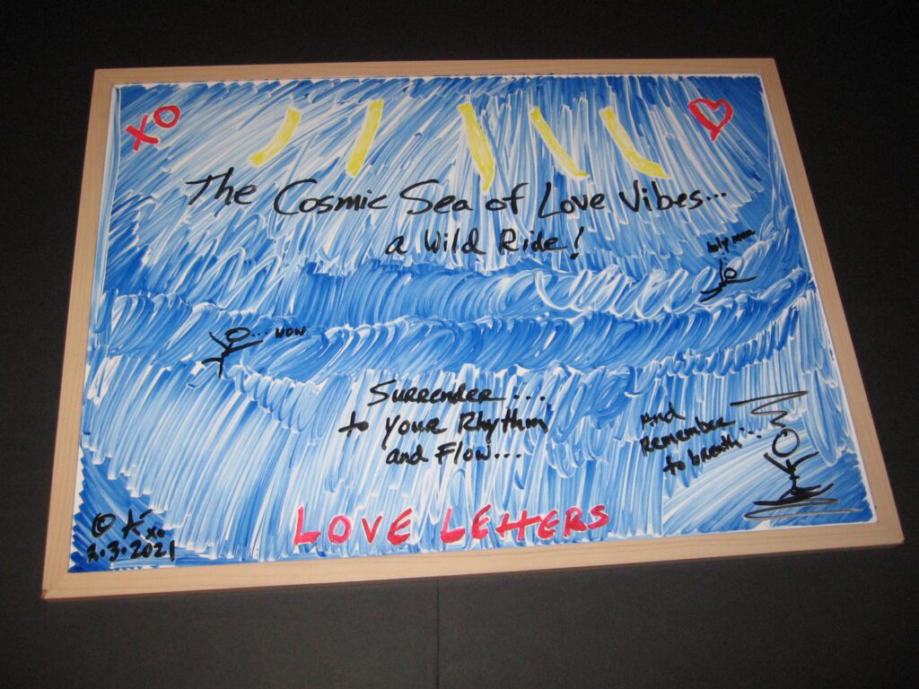 A painting of waves with the words " love letters " written on it.