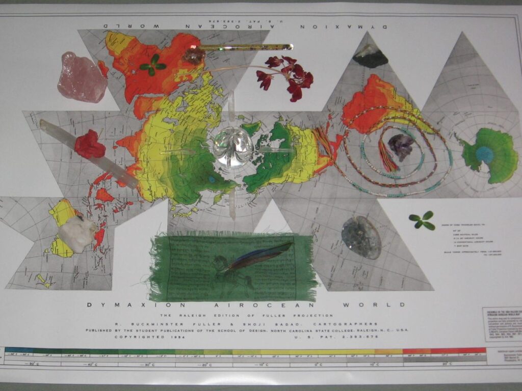 A poster of various colors and shapes with a map.