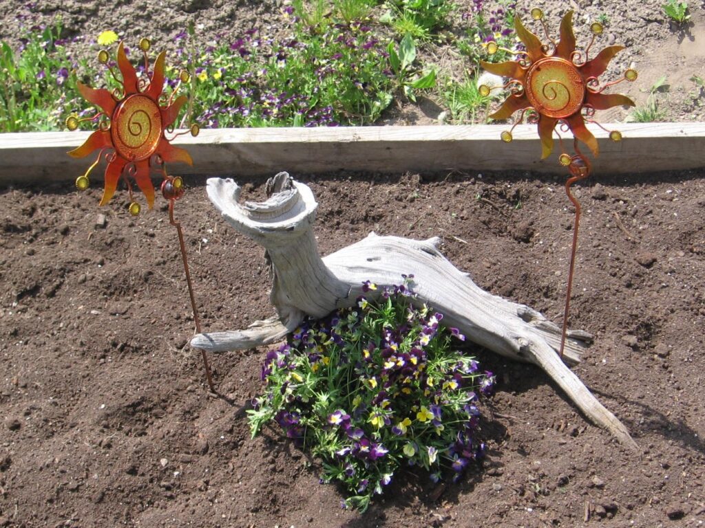 A garden with flowers and plants in the dirt.