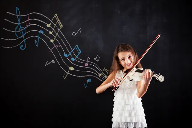 A girl is playing the violin with musical notes coming out of her back.