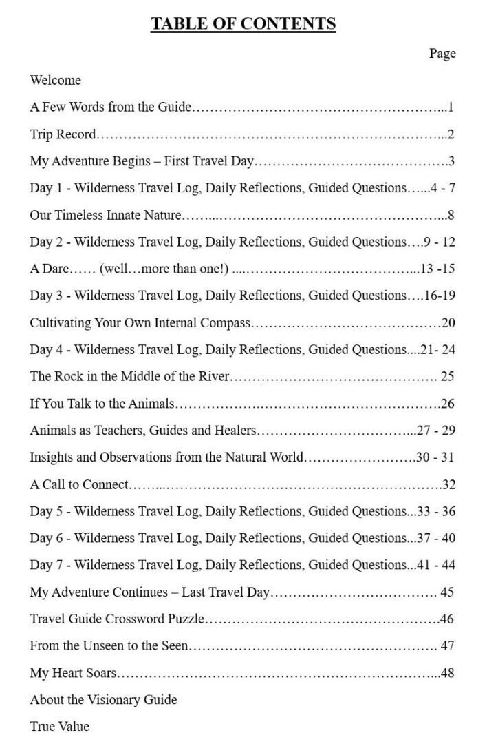 A table of contents for the book wilderness travel.