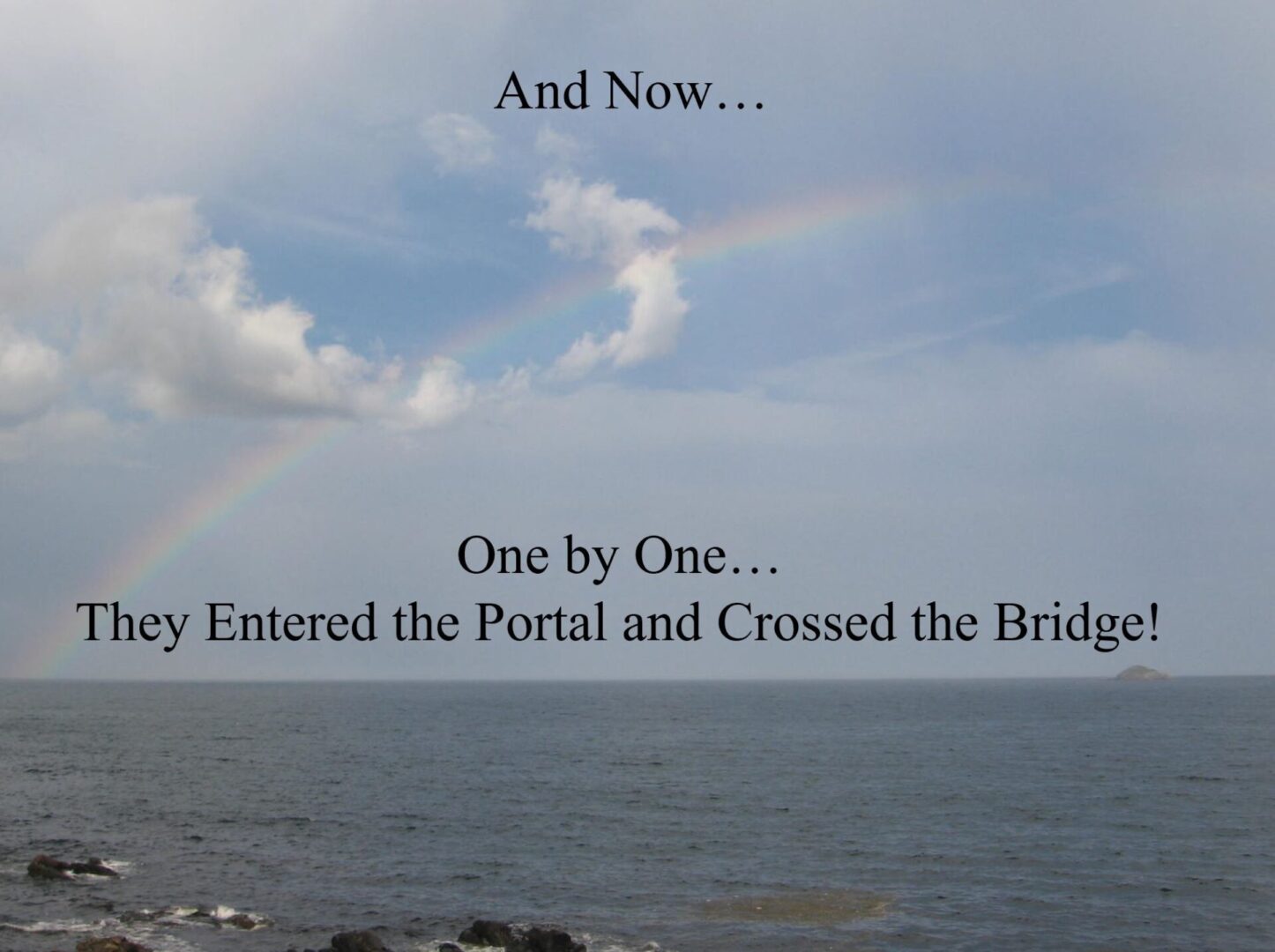 A rainbow over the ocean with text overlaid.